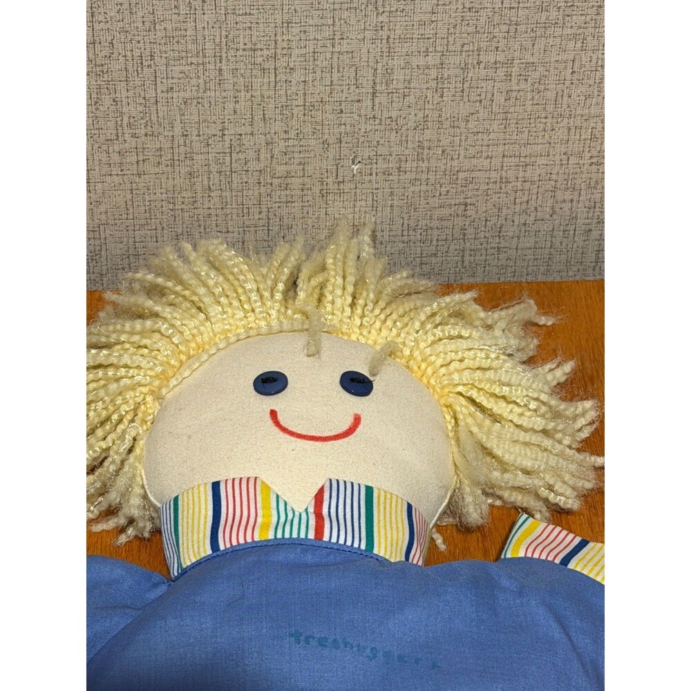 Vintage Handcrafted Boy Rag Doll Blonde Yarn Hair Denim Pants Blue Shirt - Picture 2 of 3